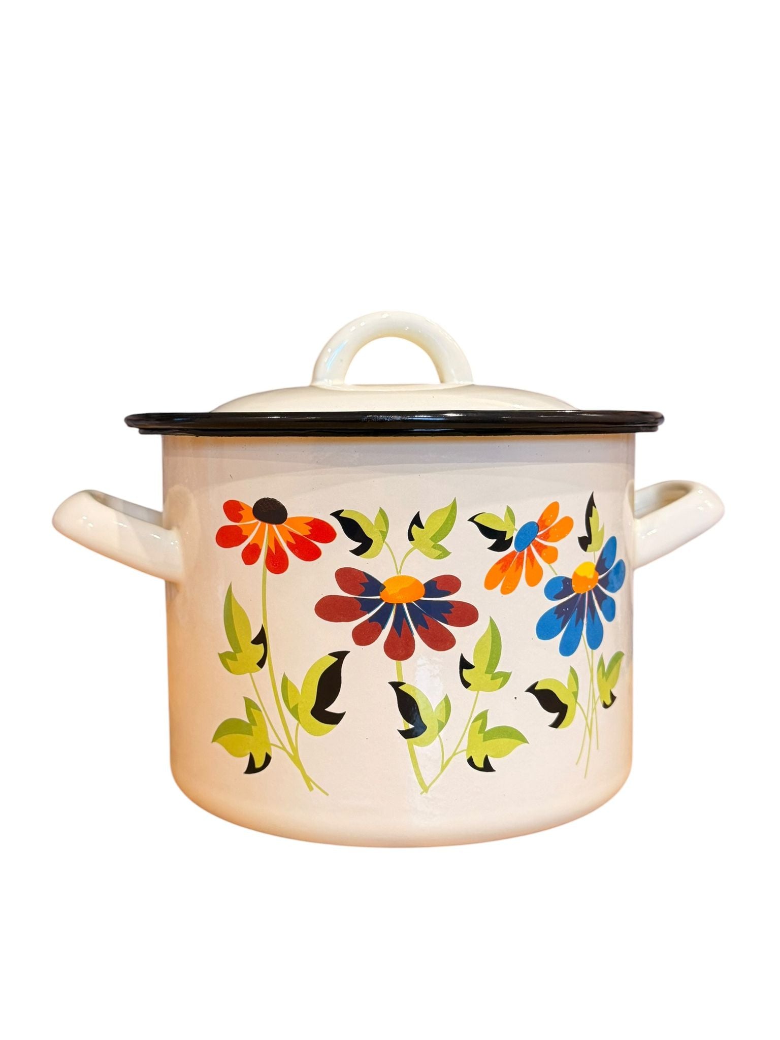 Oala emailata cu capac 2.5L 16 cm decor floral crem