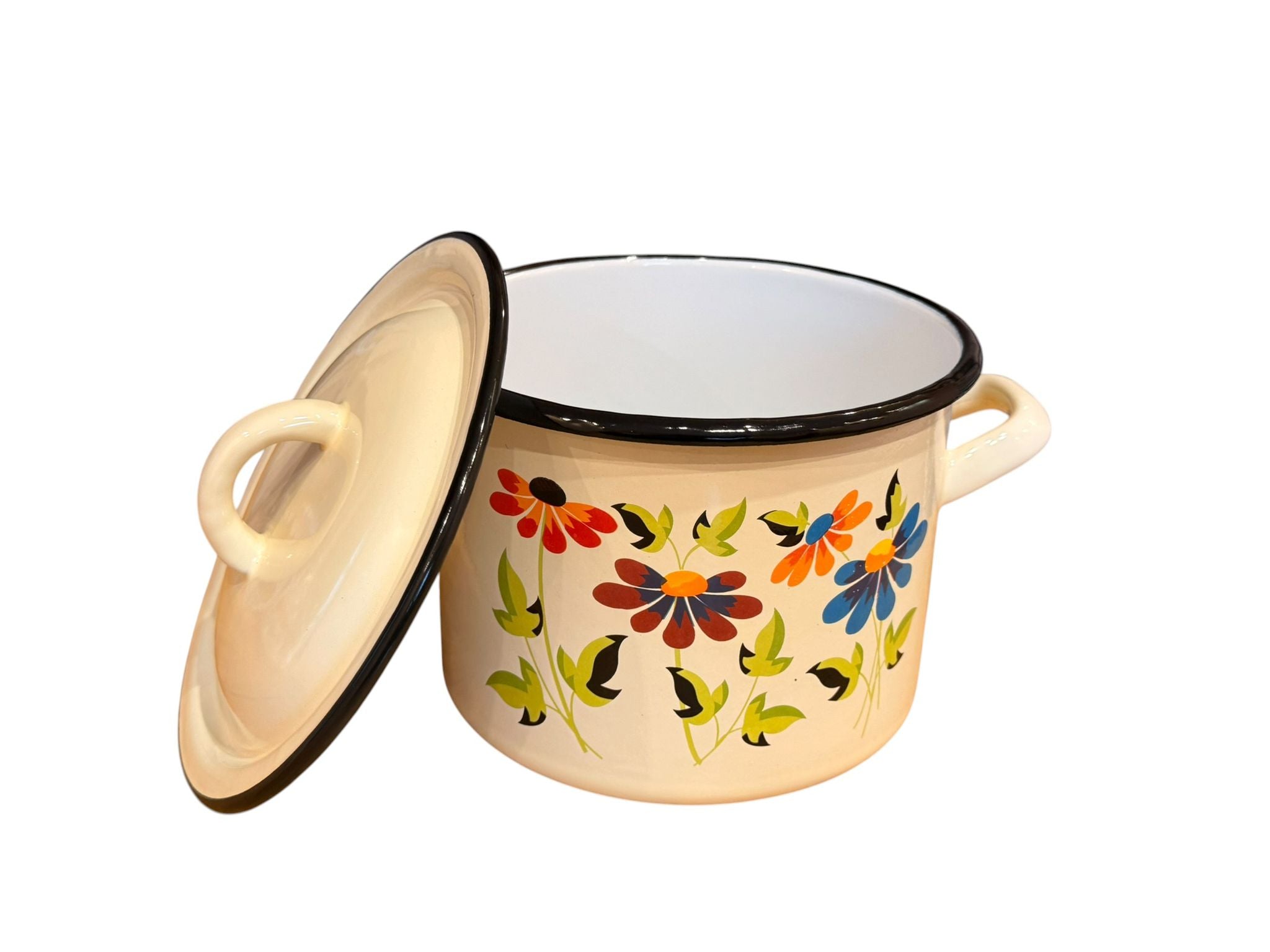 Oala emailata cu capac 2.5L 16 cm decor floral crem