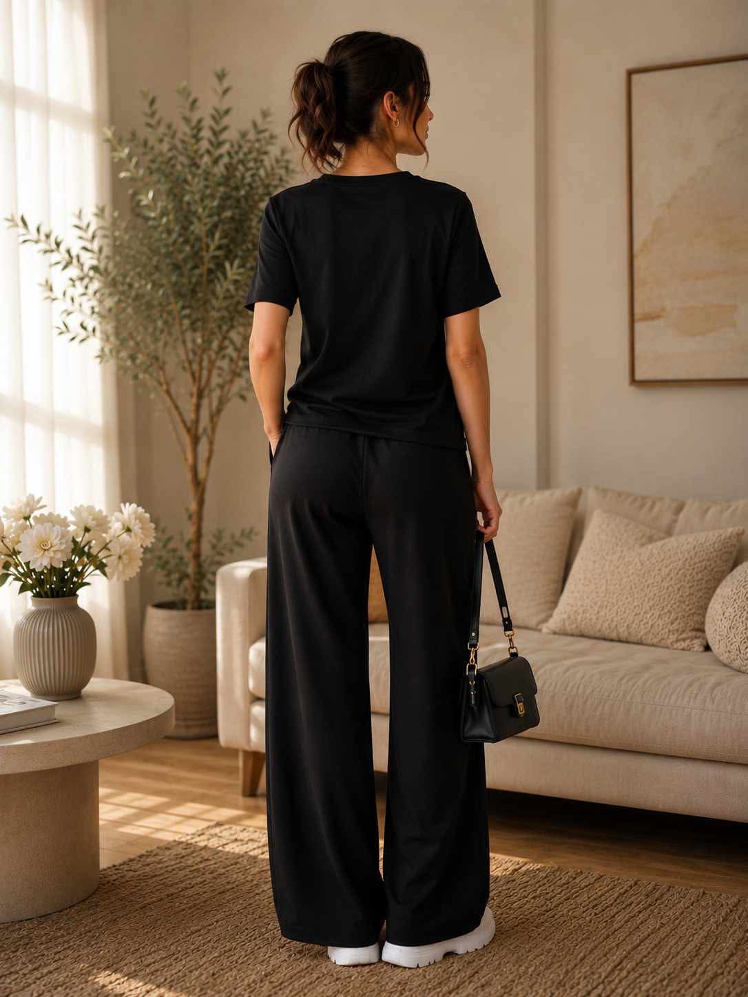 Compleu dama negru elegant cu pantaloni largi si esarfa decorativa Marime Universala