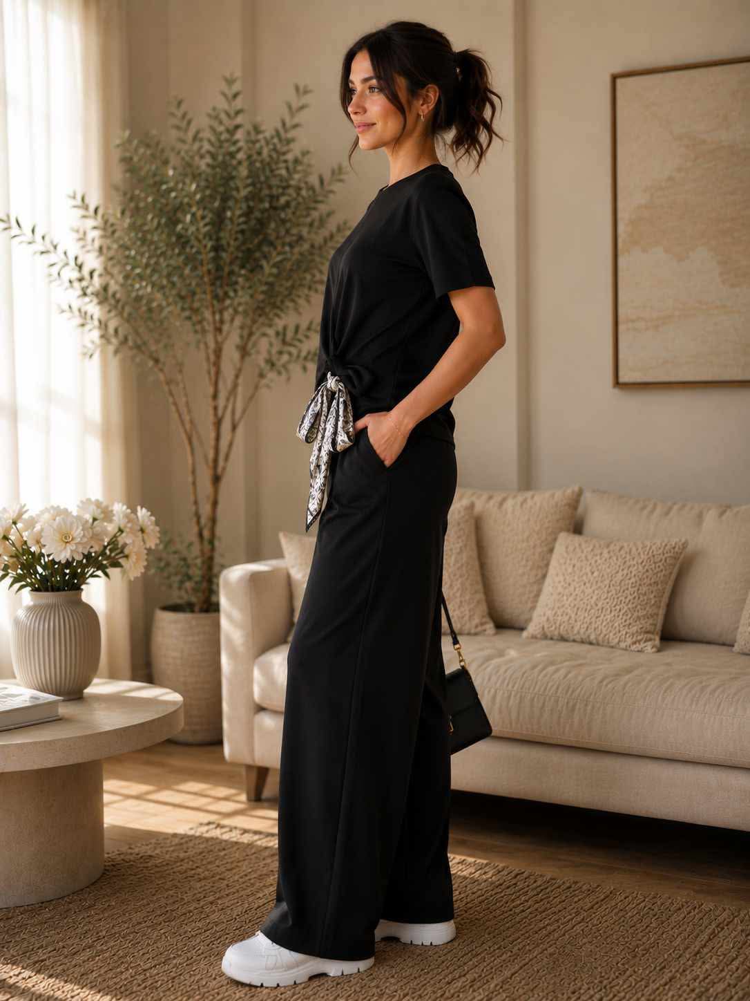 Compleu dama negru elegant cu pantaloni largi si esarfa decorativa Marime Universala