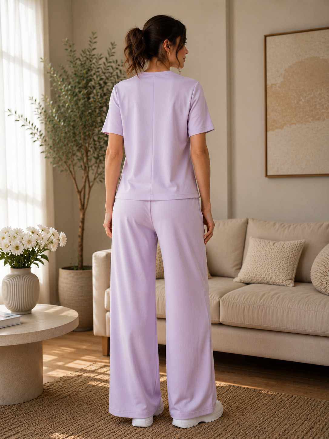Compleu dama lila elegant cu pantaloni largi si esarfa decorativa Marime Universala