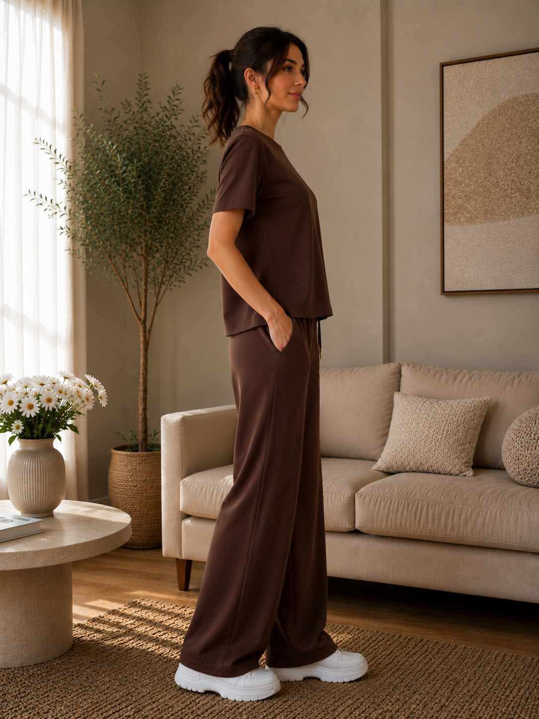 Compleu dama maro ciocolatiu cu pantaloni largi si esarfa decorativa Marime Universala