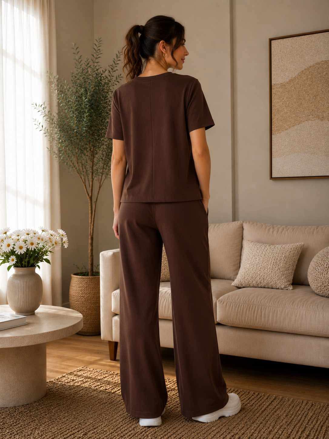 Compleu dama maro ciocolatiu cu pantaloni largi si esarfa decorativa Marime Universala