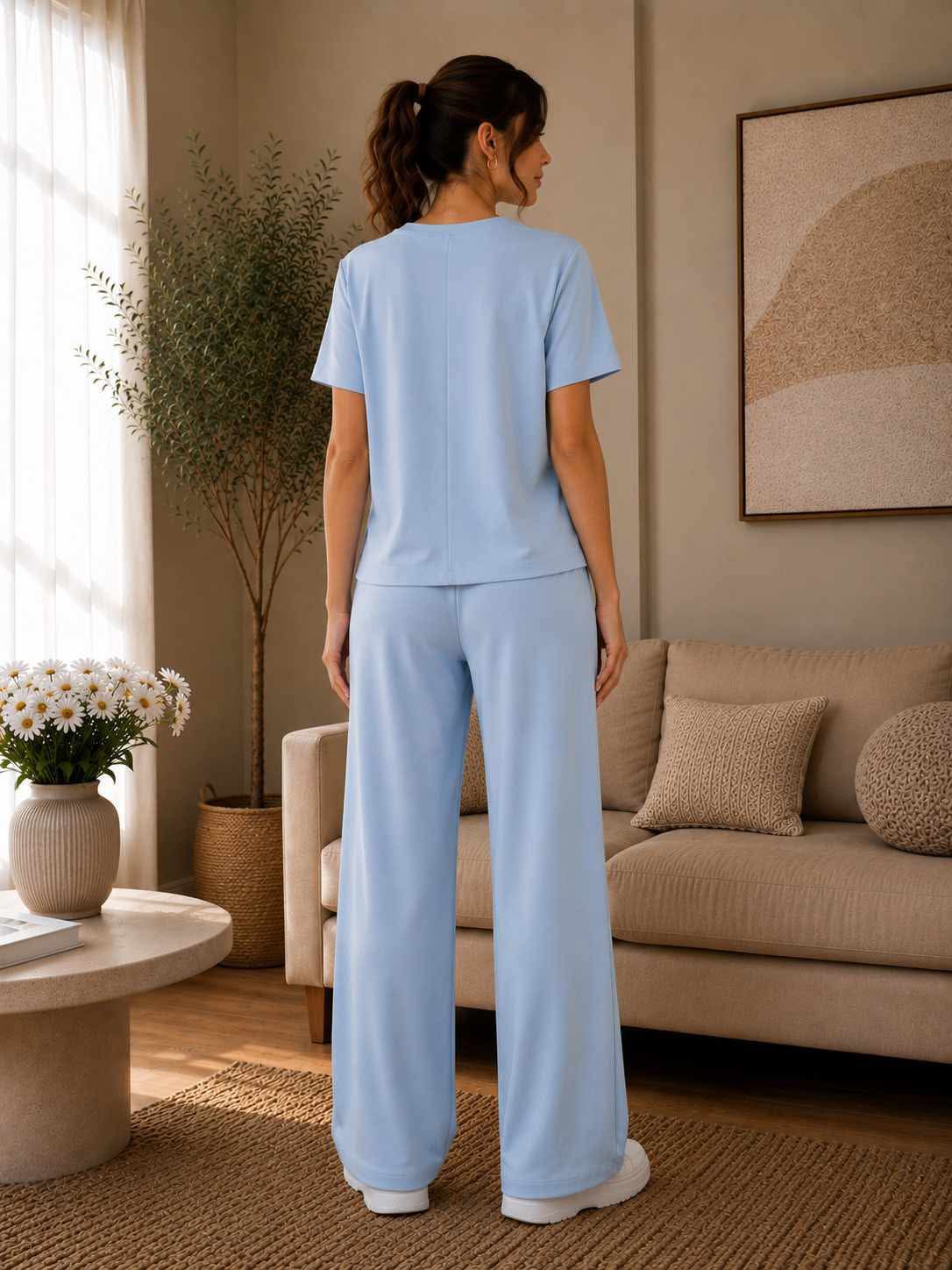 Compleu dama bleu elegant cu pantaloni largi si esarfa decorativa Marime Universala