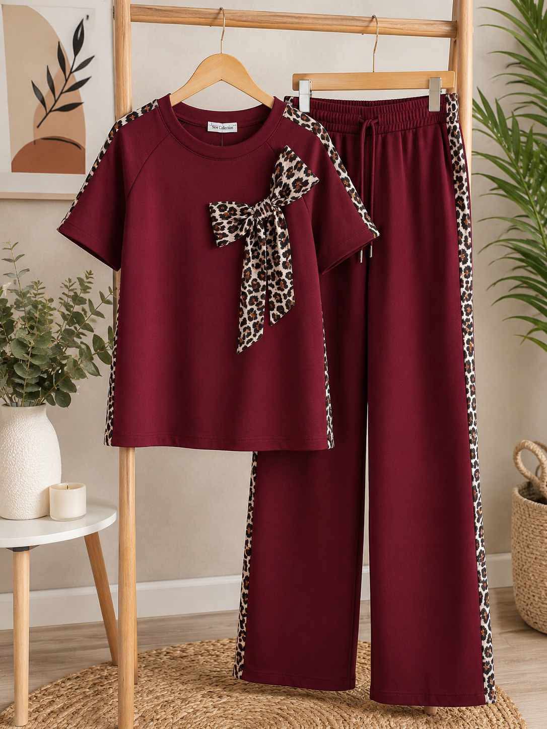 Compleu dama bordo cu imprimeu leopard si pantaloni largi Marime Universala