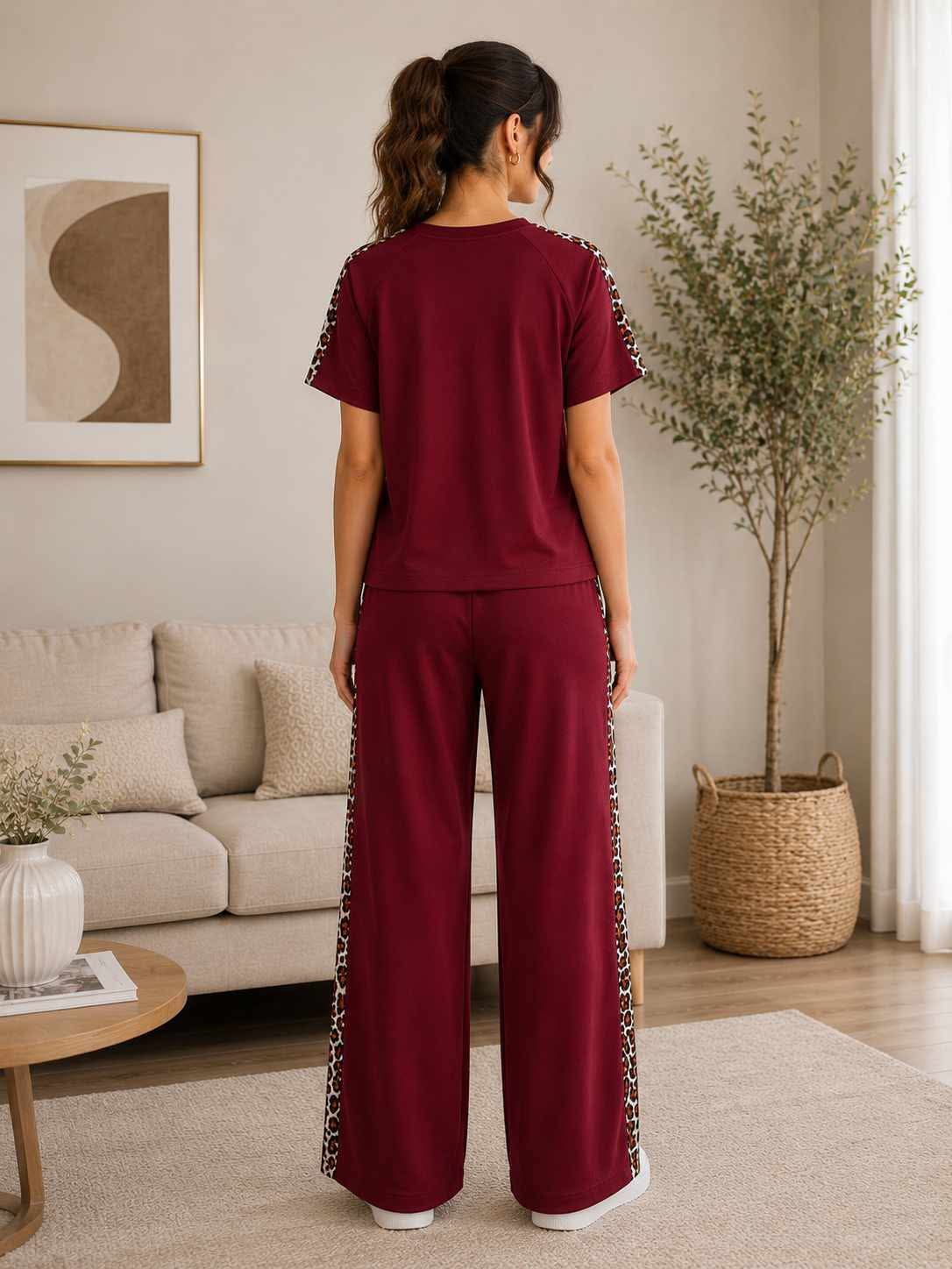 Compleu dama bordo cu imprimeu leopard si pantaloni largi Marime Universala