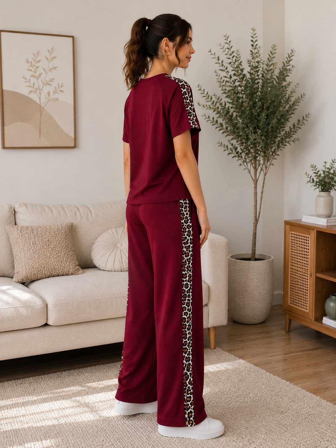 Compleu dama bordo cu imprimeu leopard si pantaloni largi Marime Universala