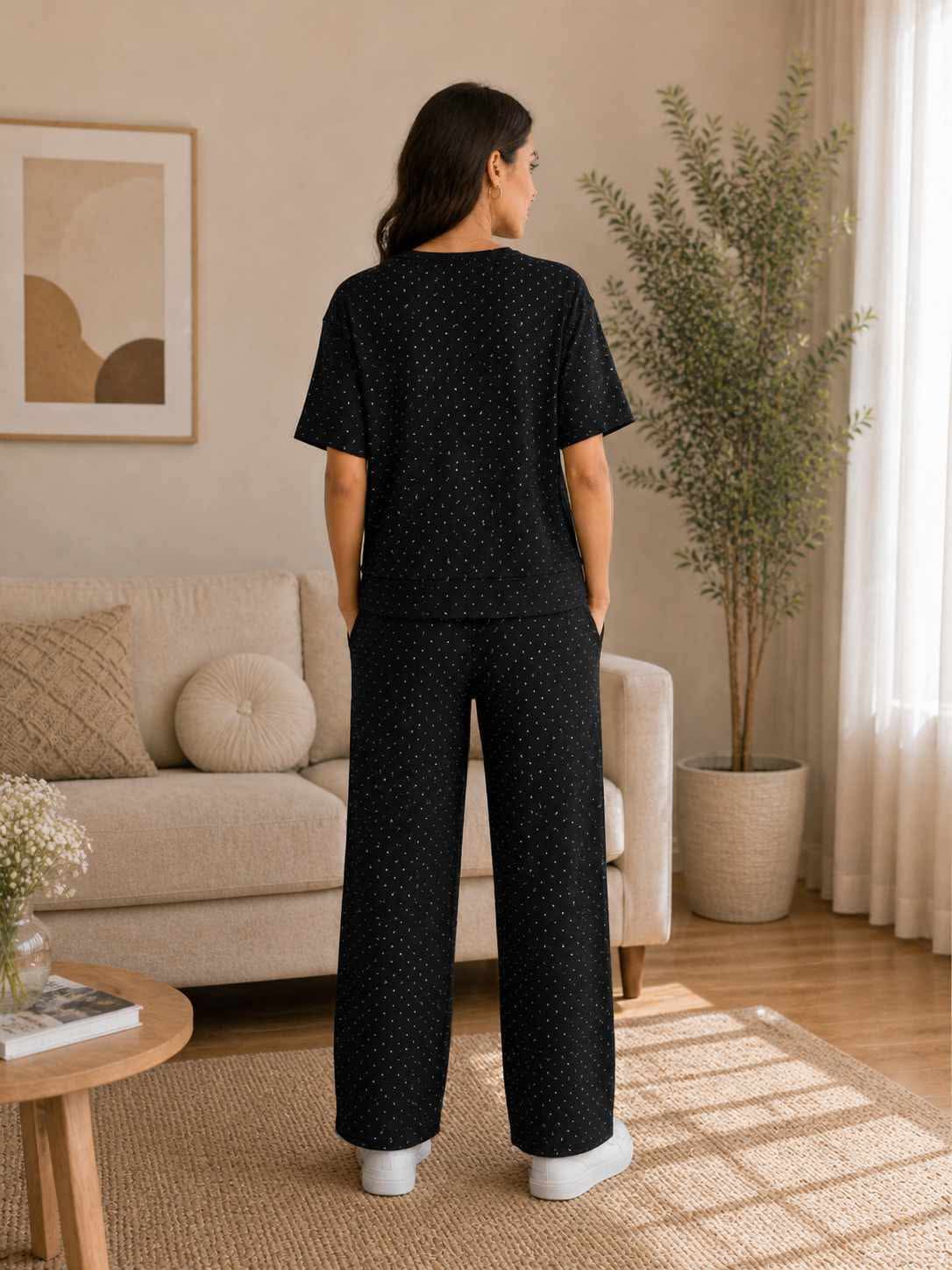 Compleu dama negru cu strasuri si pantaloni largi Marime Universala