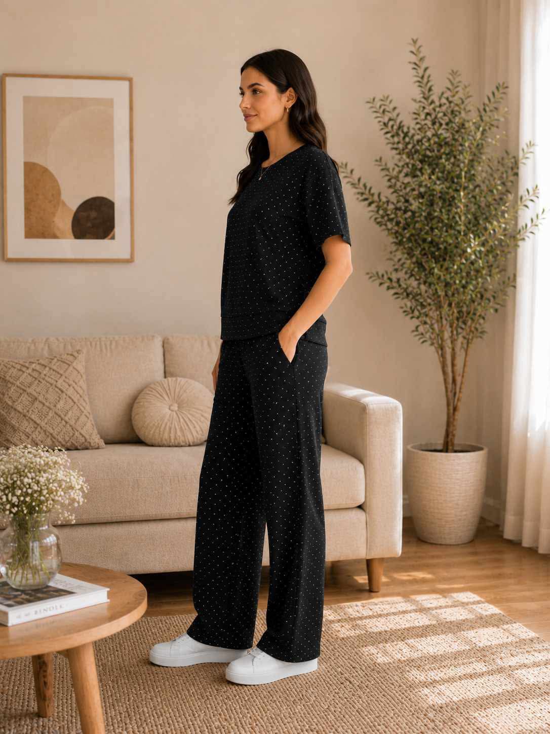 Compleu dama negru cu strasuri si pantaloni largi Marime Universala