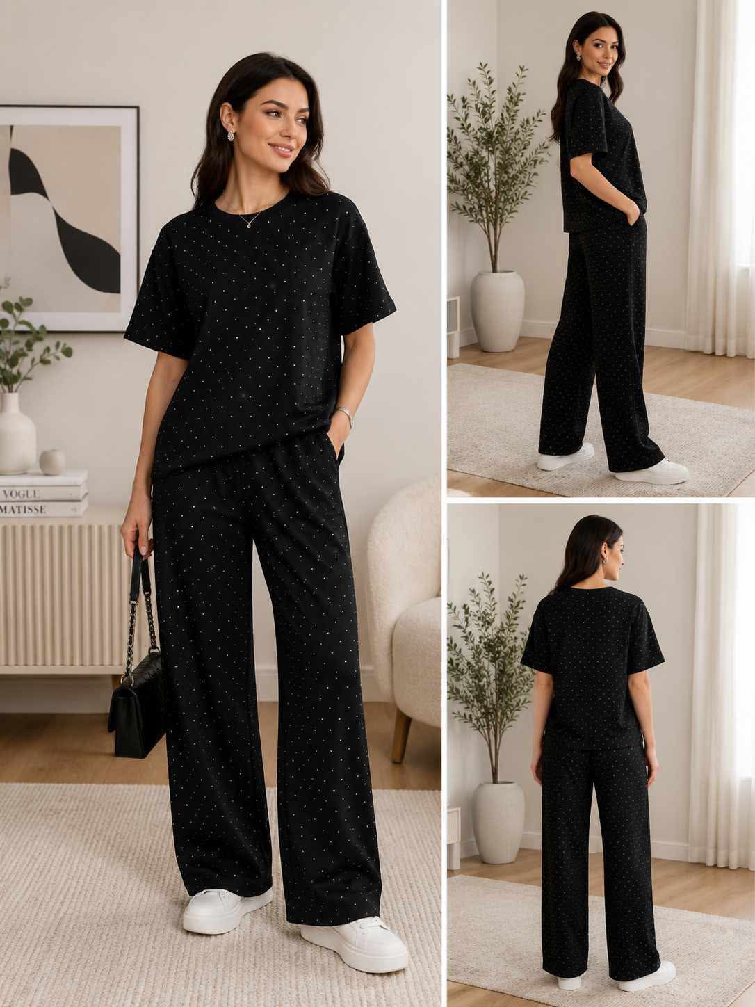 Compleu dama negru cu strasuri si pantaloni largi Marime Universala