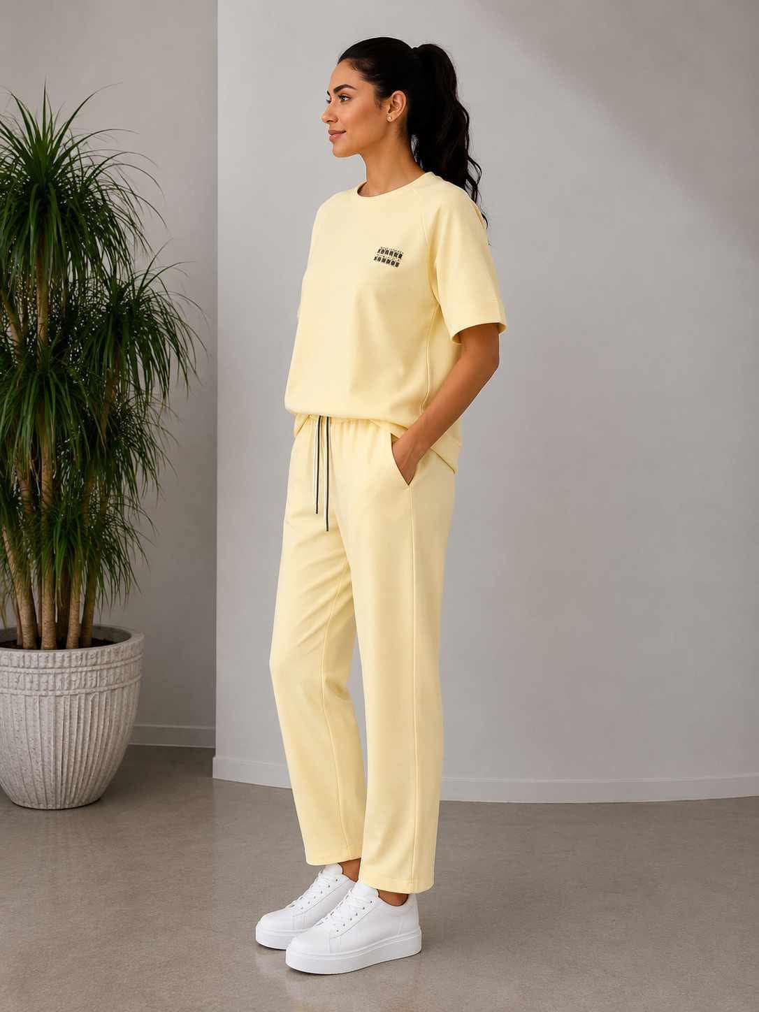 Compleu dama galben pastel casual elegant cu pantaloni lejeri Marime Universala
