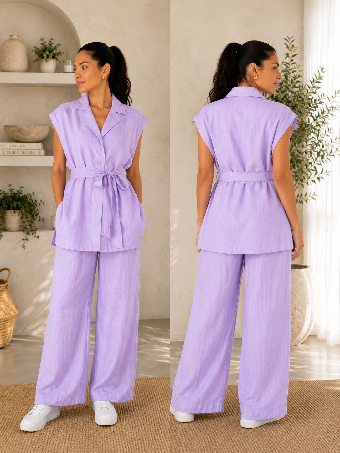 Compleu dama lila elegant cu vesta si pantaloni largi Marime Universala