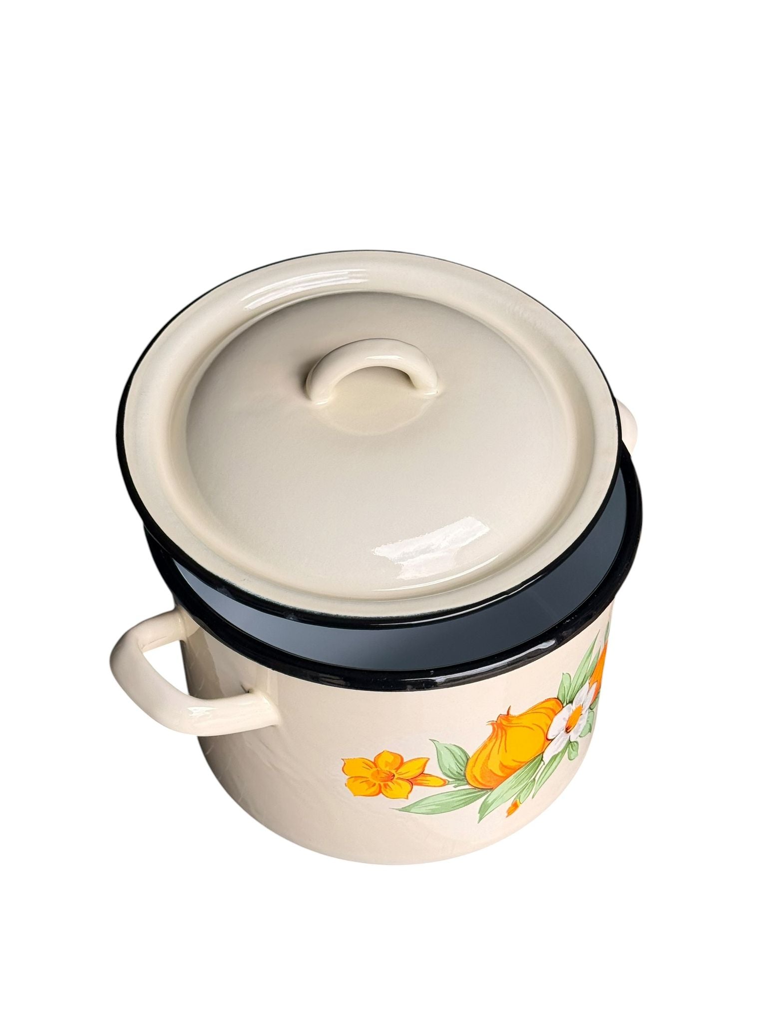 Oala emailata cu capac 6L 20 cm model floral culoare crem