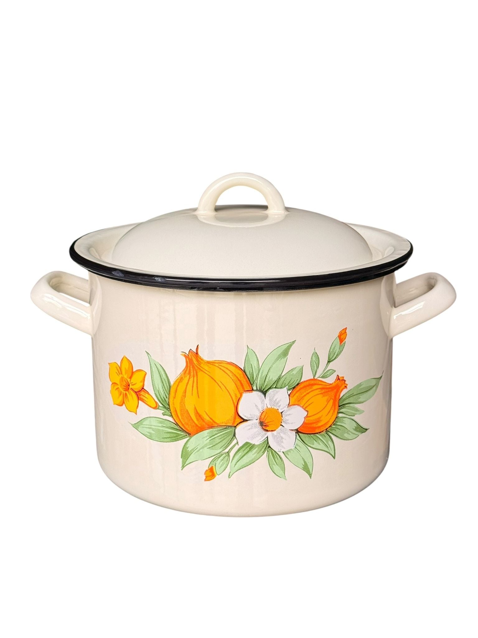 Oala emailata cu capac 6L 20 cm model floral culoare crem