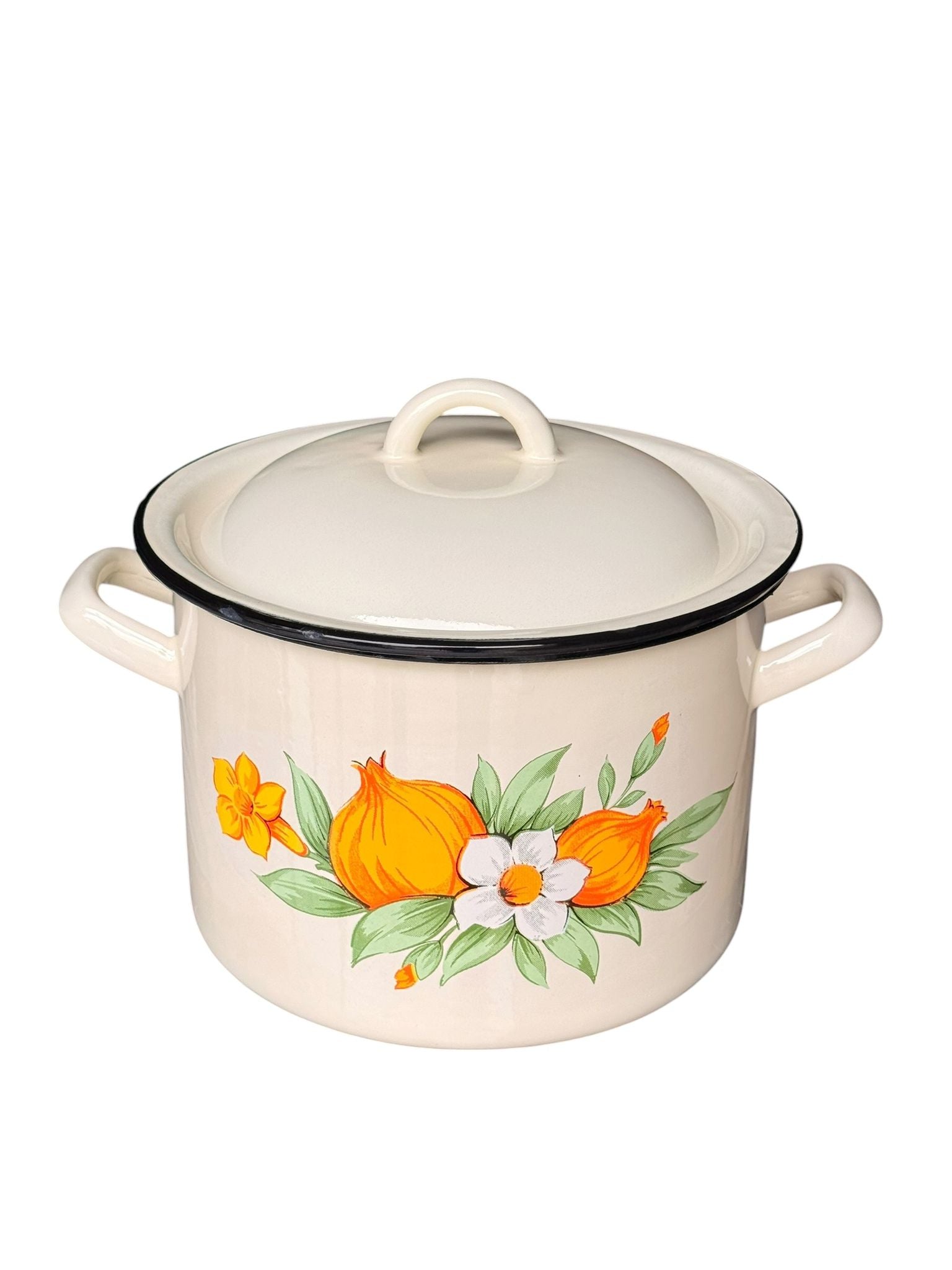 Oala emailata cu capac 6L 20 cm model floral culoare crem