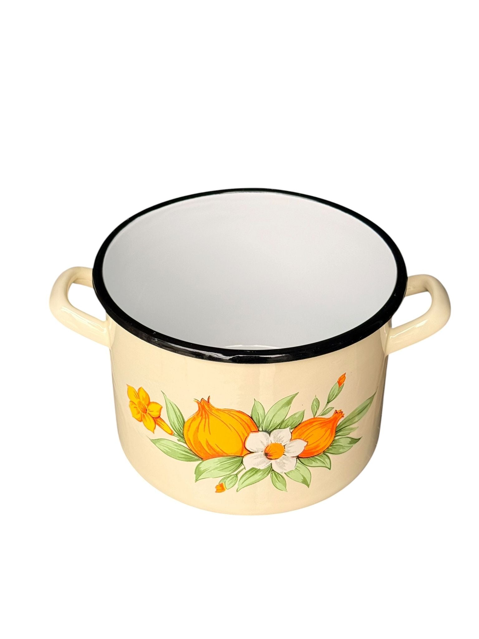 Oala emailata cu capac 6L 20 cm model floral culoare crem