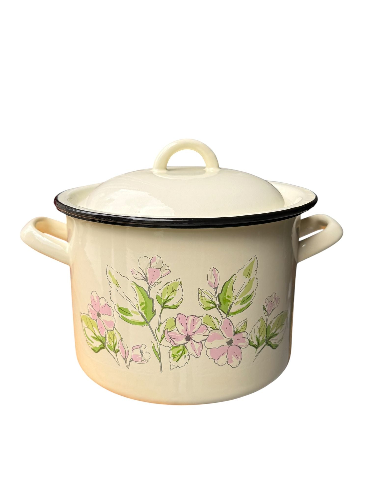 Oala emailata cu capac 6L 20 cm model floral culoare roz crem