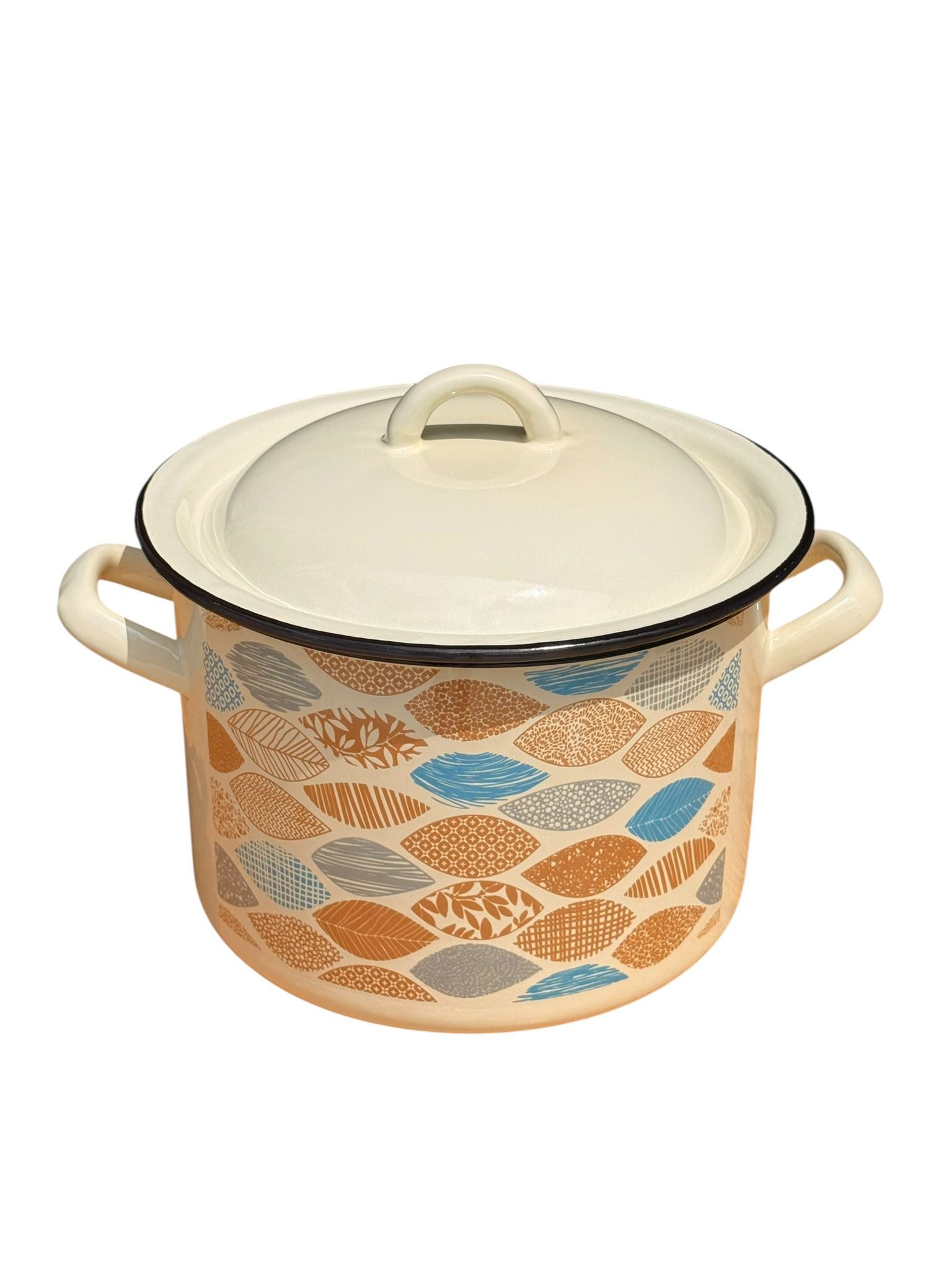 Oala emailata cu capac 6L 20 cm model geometric crem
