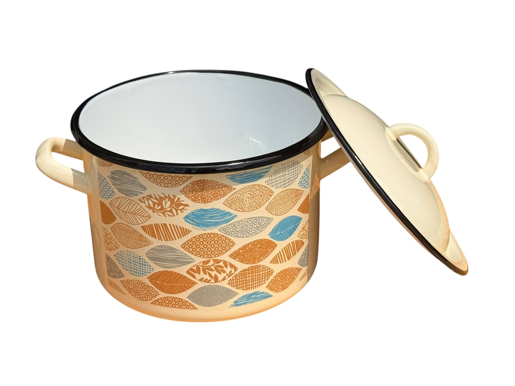 Oala emailata cu capac 6L 20 cm model geometric crem