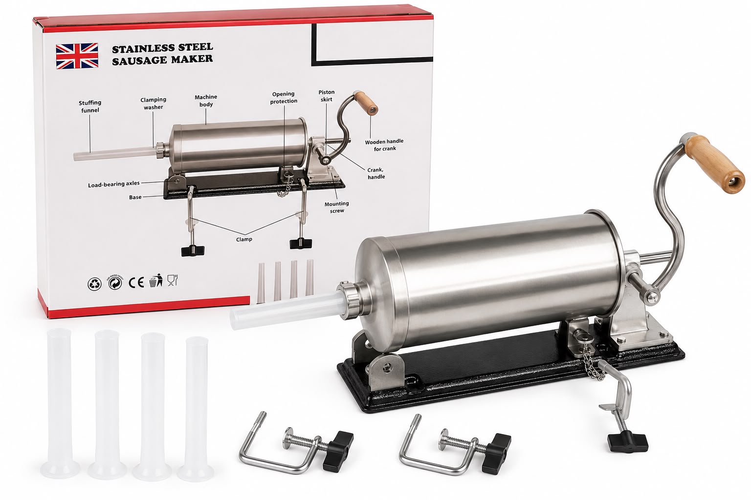 Aparat manual pentru umplut carnati Vanessa 3 kg din inox cu 4 palnii