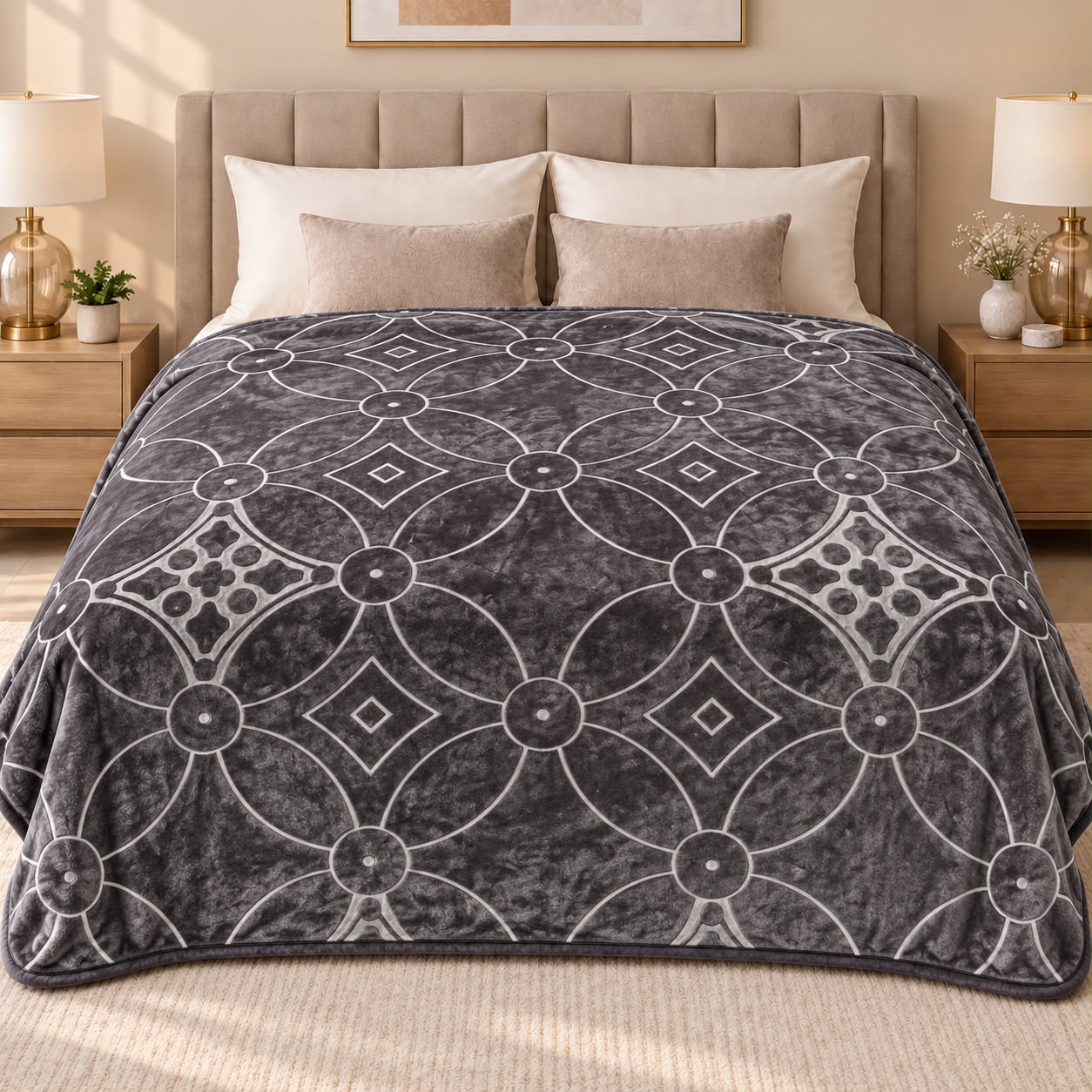 Patura dubla groasa 3D cu doua fete 200x240 cm, model geometric maro, gri si alb