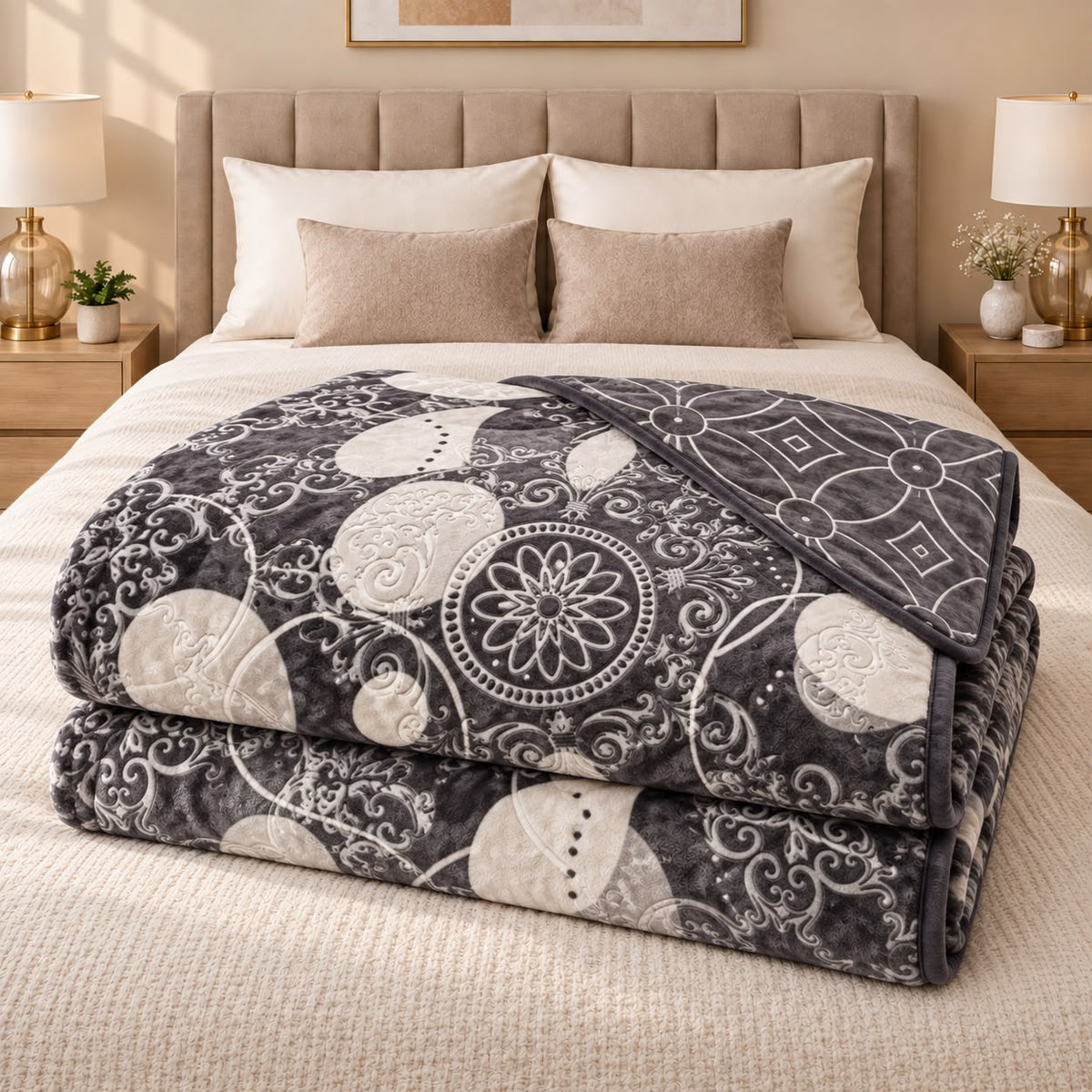 Patura dubla groasa 3D cu doua fete 200x240 cm, model geometric maro, gri si alb
