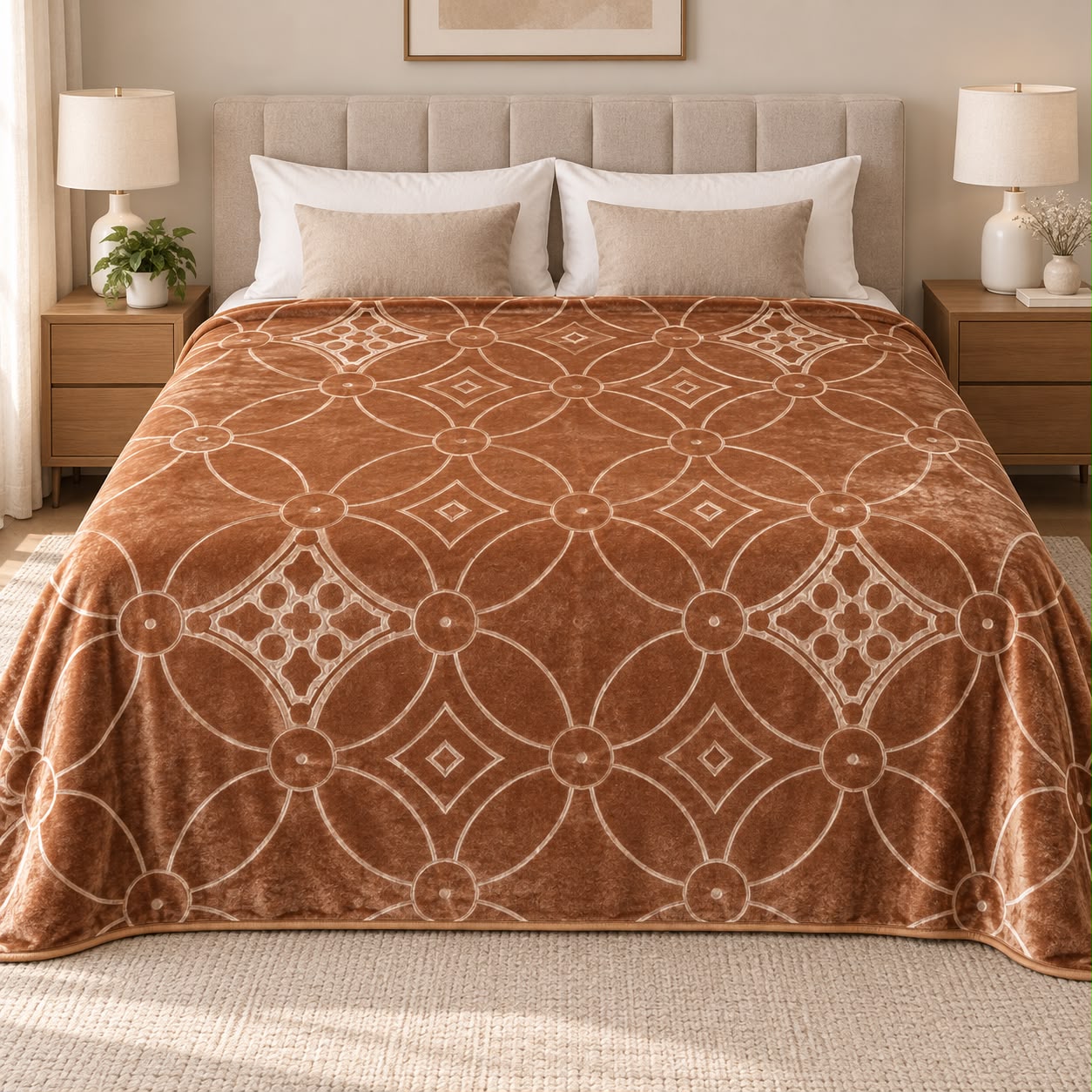 Patura dubla groasa 3D cu doua fete 200x240 cm, model geometric maro si crem