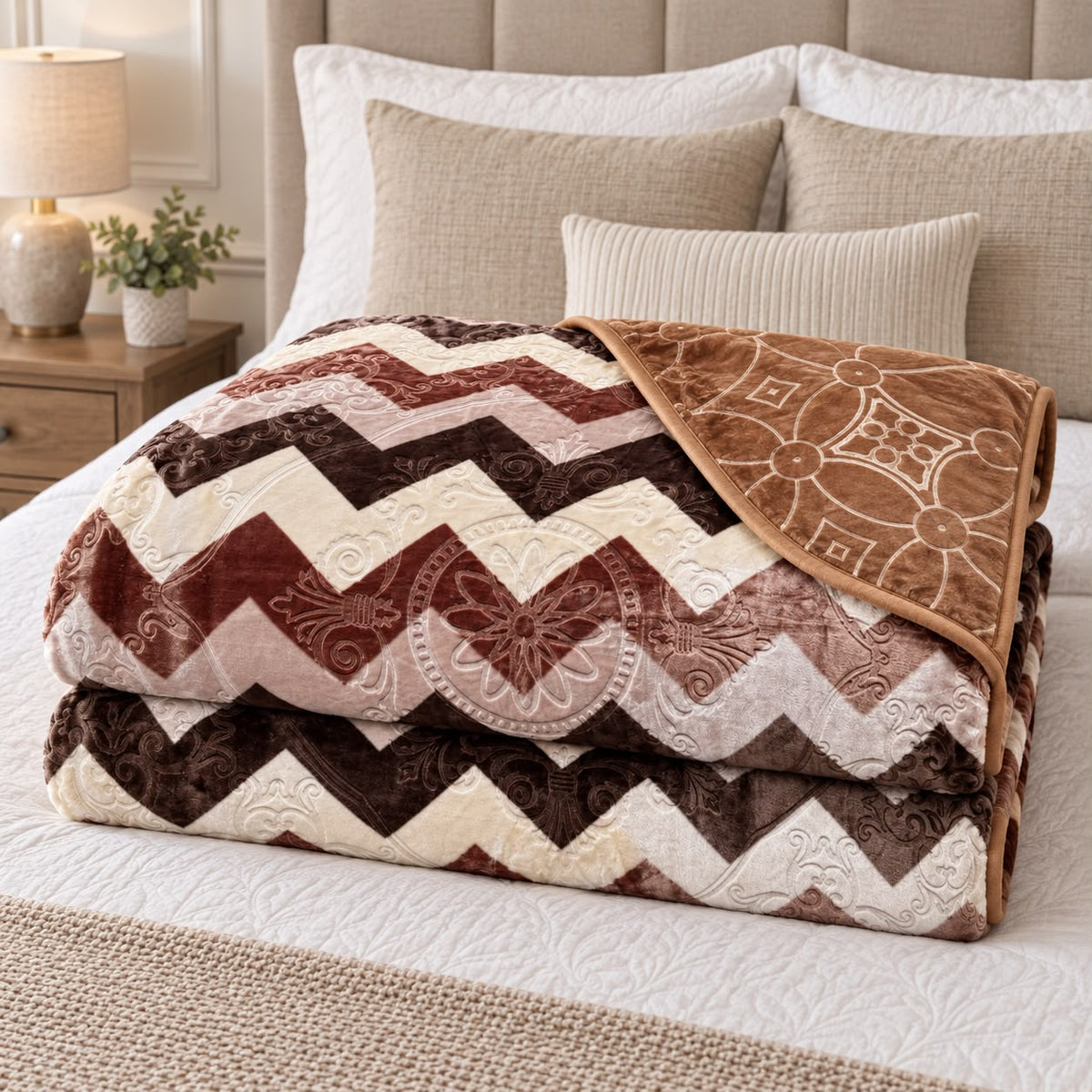 Patura dubla groasa 3D cu doua fete 200x240 cm, model geometric maro si crem