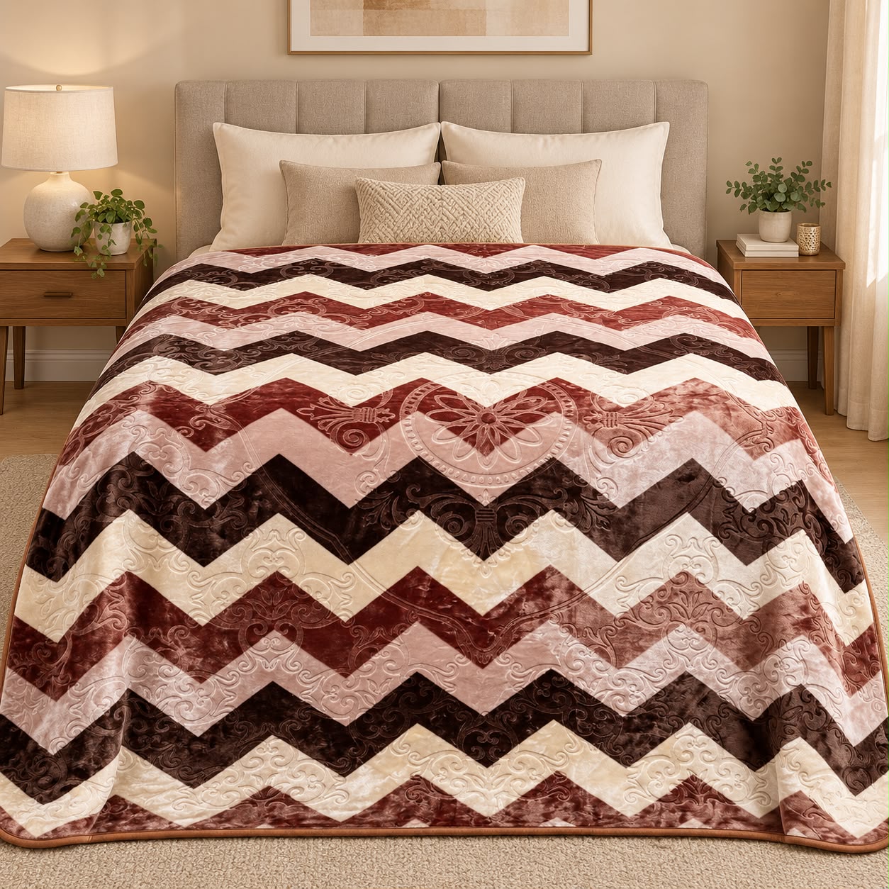 Patura dubla groasa 3D cu doua fete 200x240 cm, model geometric maro si crem
