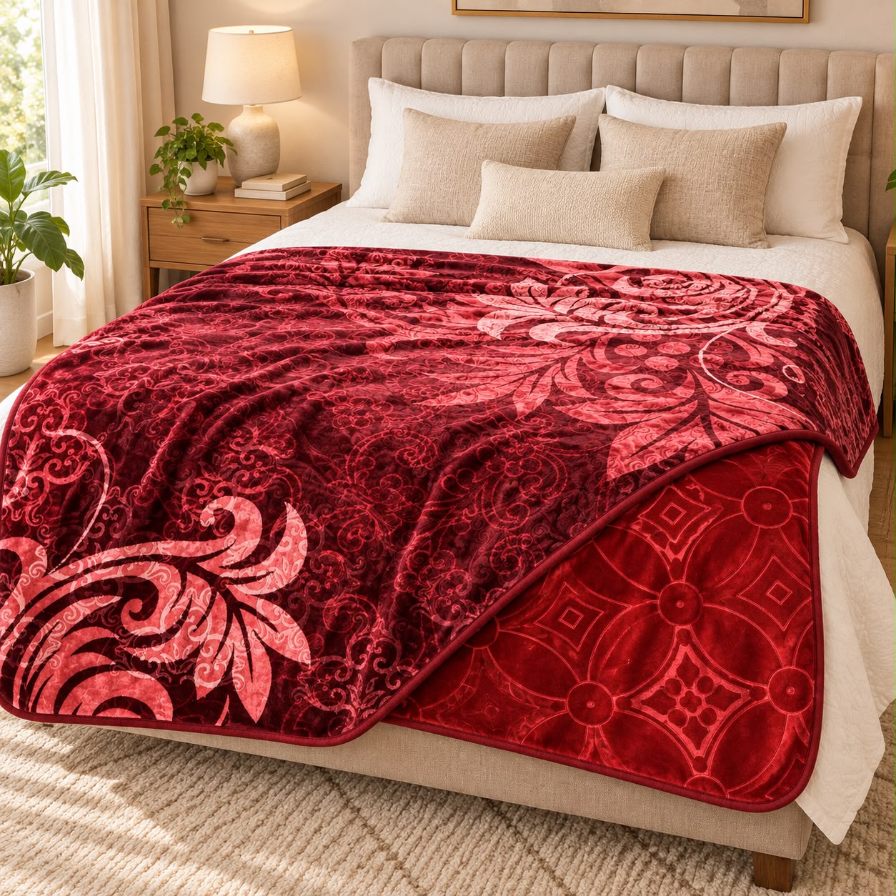 Patura dubla groasa 3D cu doua fete 200x240 cm, model ornamental bordo si rosu
