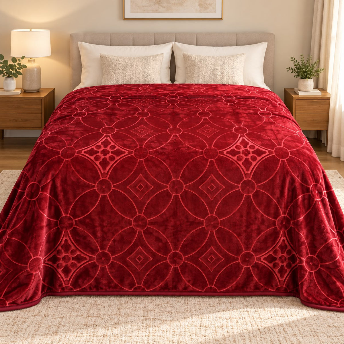 Patura dubla groasa 3D cu doua fete 200x240 cm, model ornamental bordo si rosu