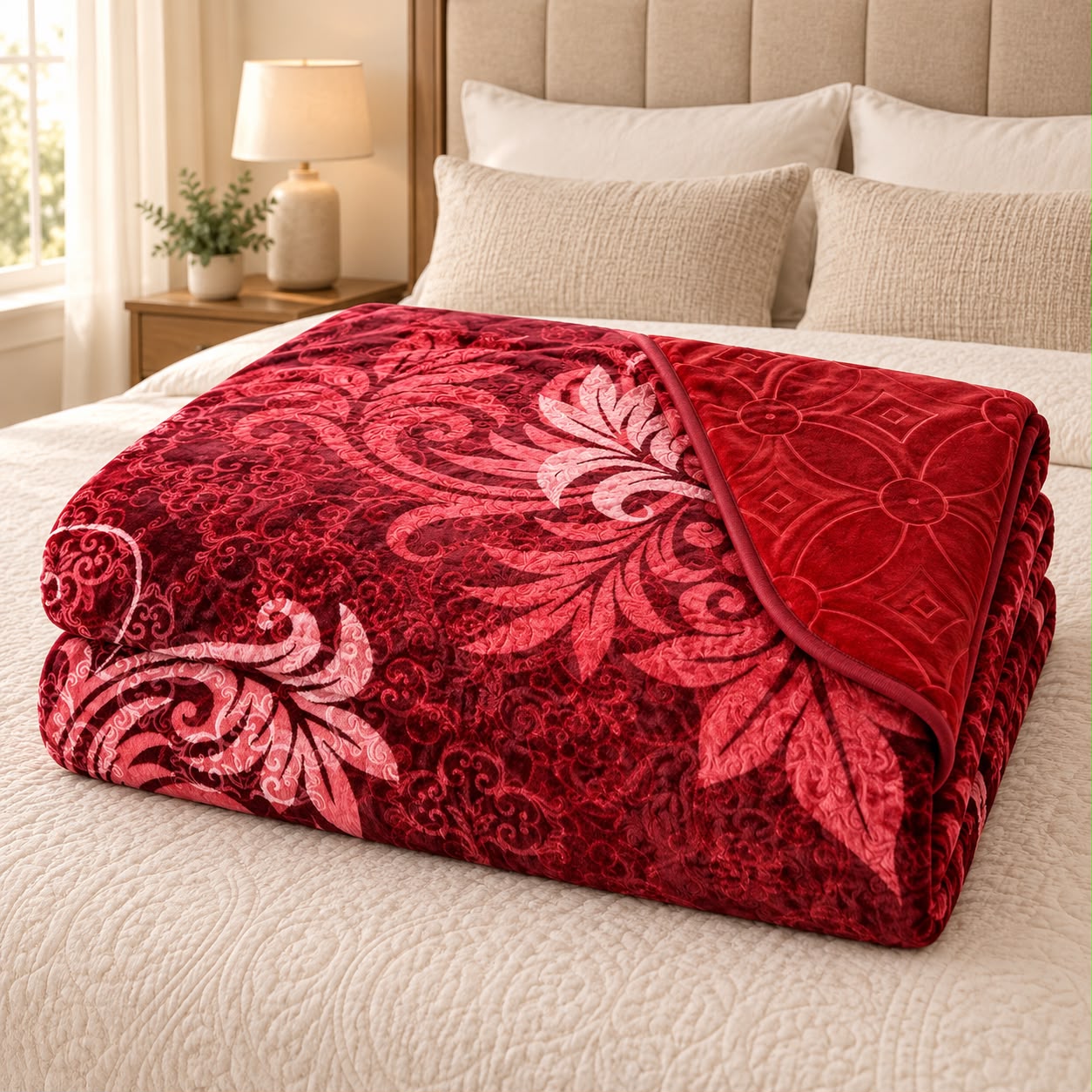 Patura dubla groasa 3D cu doua fete 200x240 cm, model ornamental bordo si rosu
