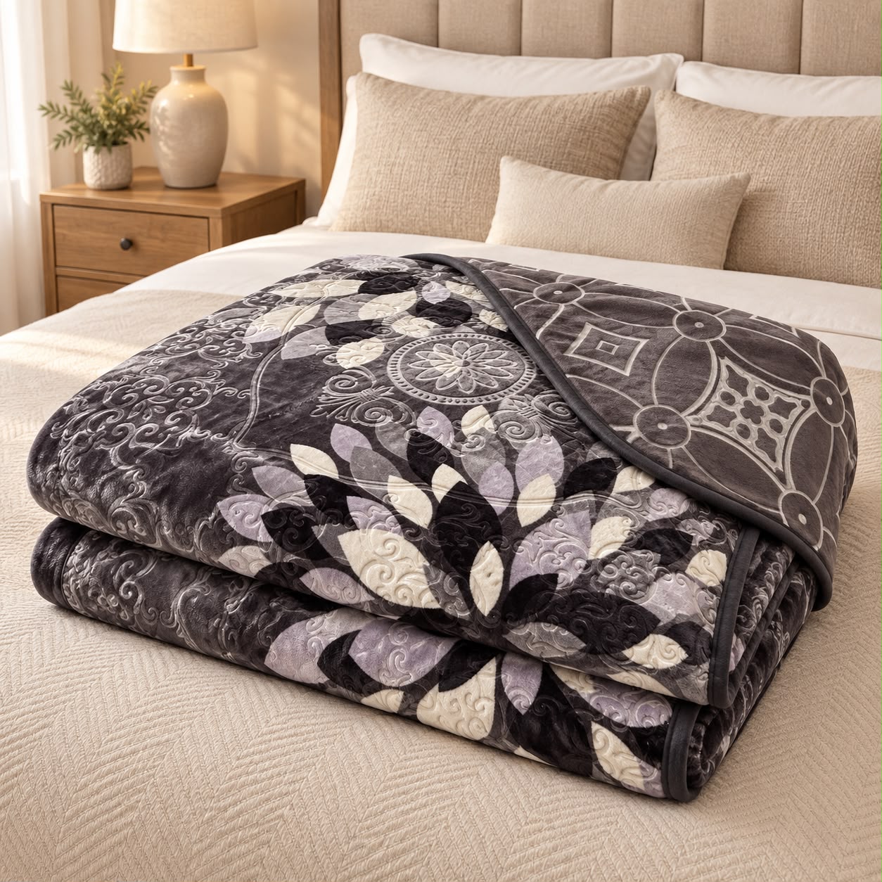 Patura dubla groasa 3D cu doua fete 200x240 cm, model floral gri, negru si crem