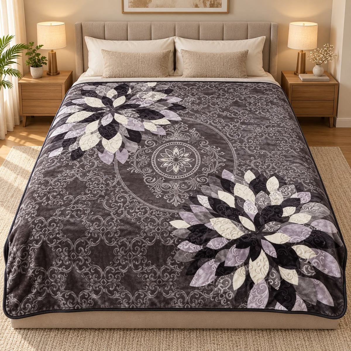 Patura dubla groasa 3D cu doua fete 200x240 cm, model floral gri, negru si crem