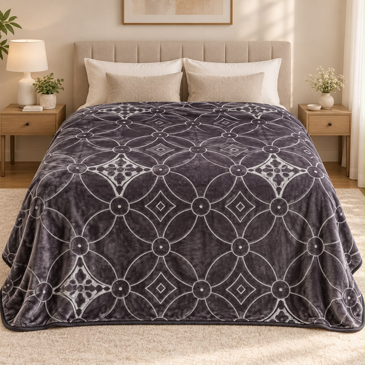 Patura dubla groasa 3D cu doua fete 200x240 cm, model floral gri, negru si crem
