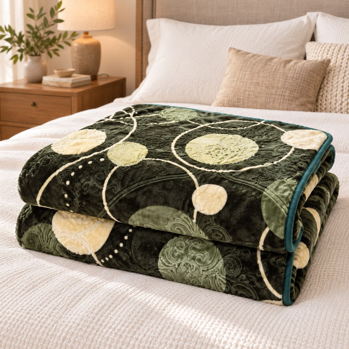 Patura dubla groasa 3D 200x240 cm, model geometric verde cu crem, moale si calduroasa