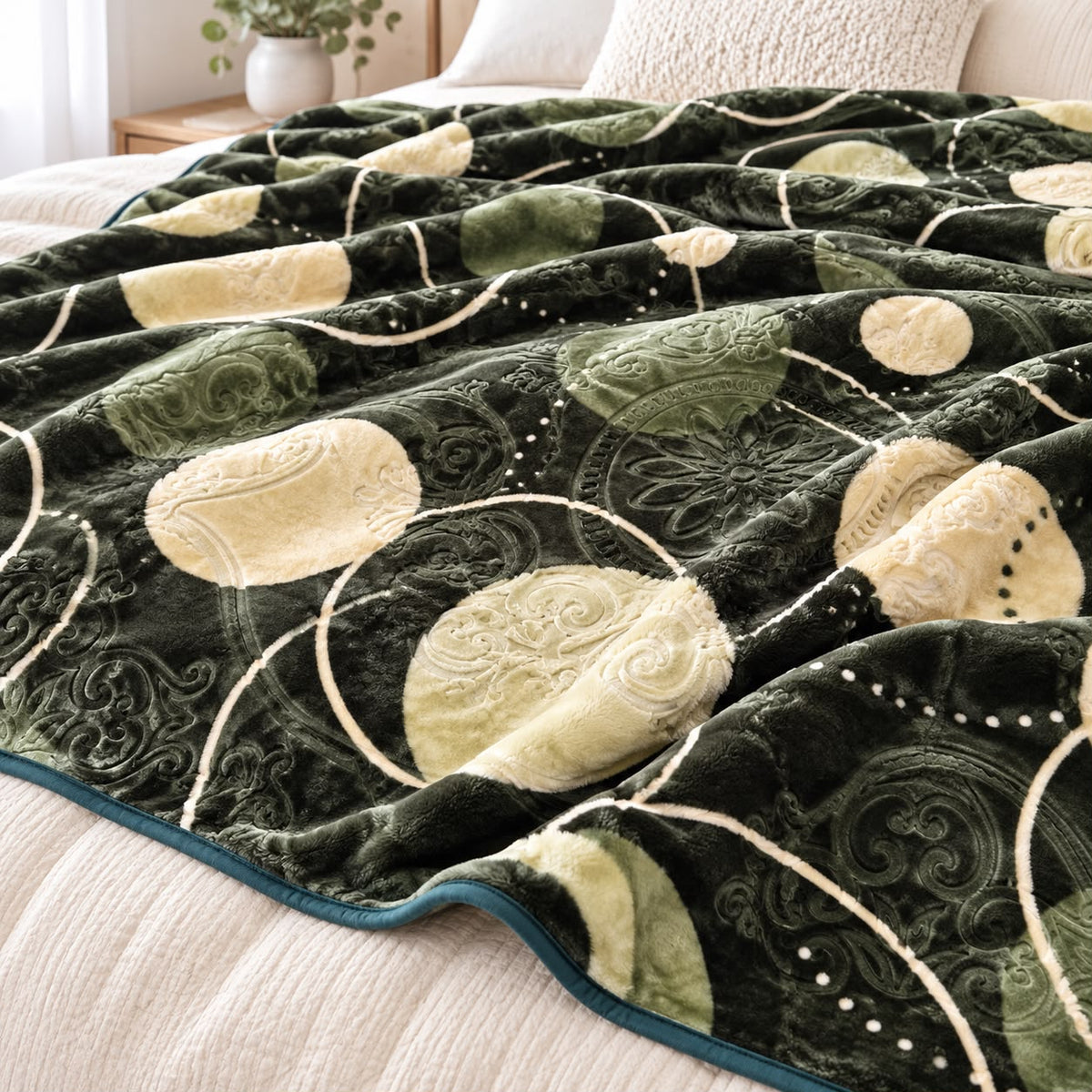Patura dubla groasa 3D 200x240 cm, model geometric verde cu crem, moale si calduroasa
