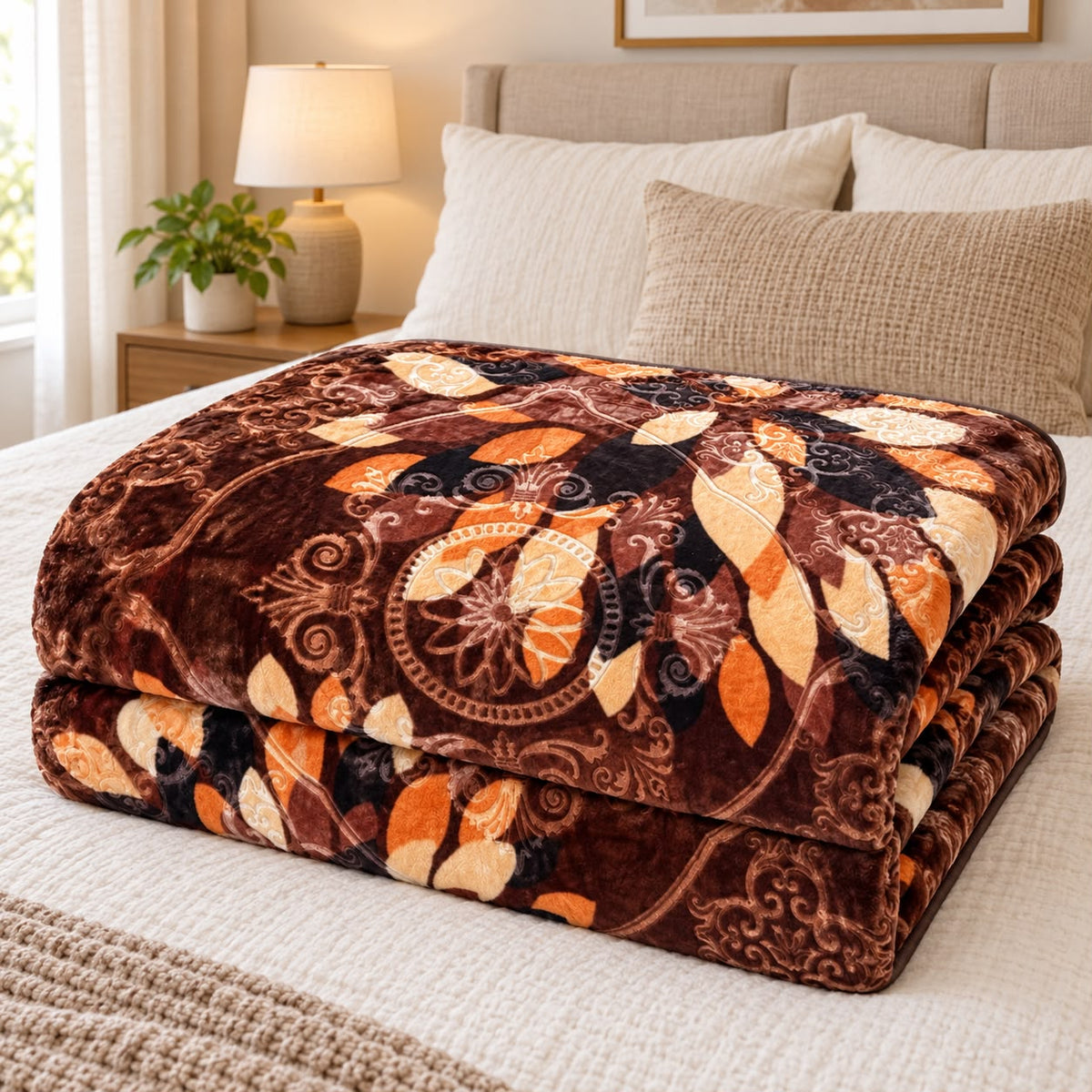 Patura dubla groasa 3D 200x240 cm, model ornamental maro cu portocaliu si crem