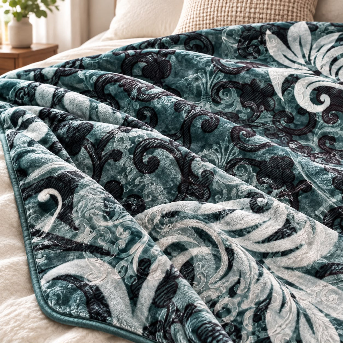 Patura dubla groasa 3D 200x240 cm, model ornamental verde cu negru si alb