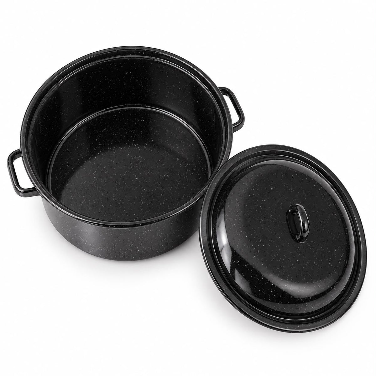 Cratita emailata cu capac 11 litri, diametru 34 cm, neagra cu puncte albe
