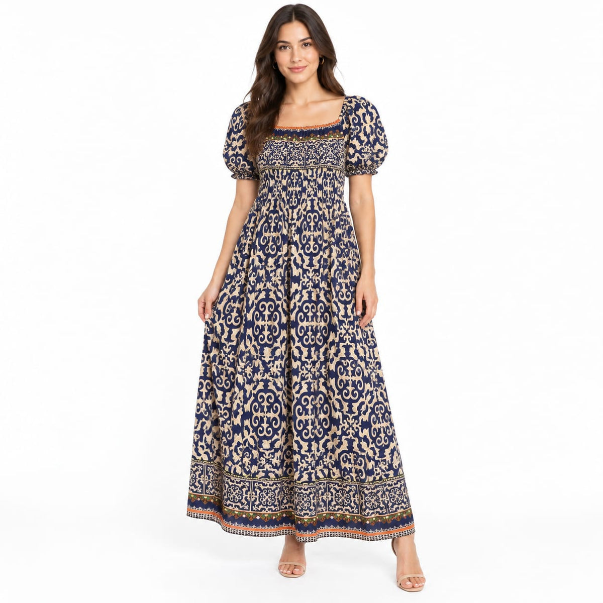 Rochie lunga dama bleumarin cu imprimeu bej si maneci bufante, marimea 3XL
