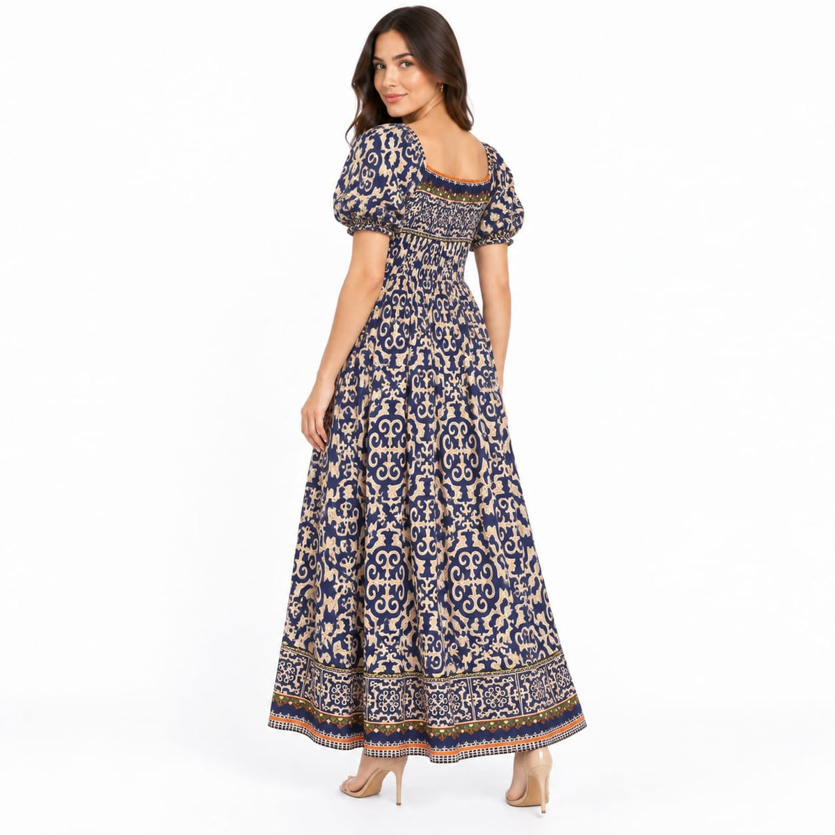 Rochie lunga dama bleumarin cu imprimeu bej si maneci bufante, marimea 3XL