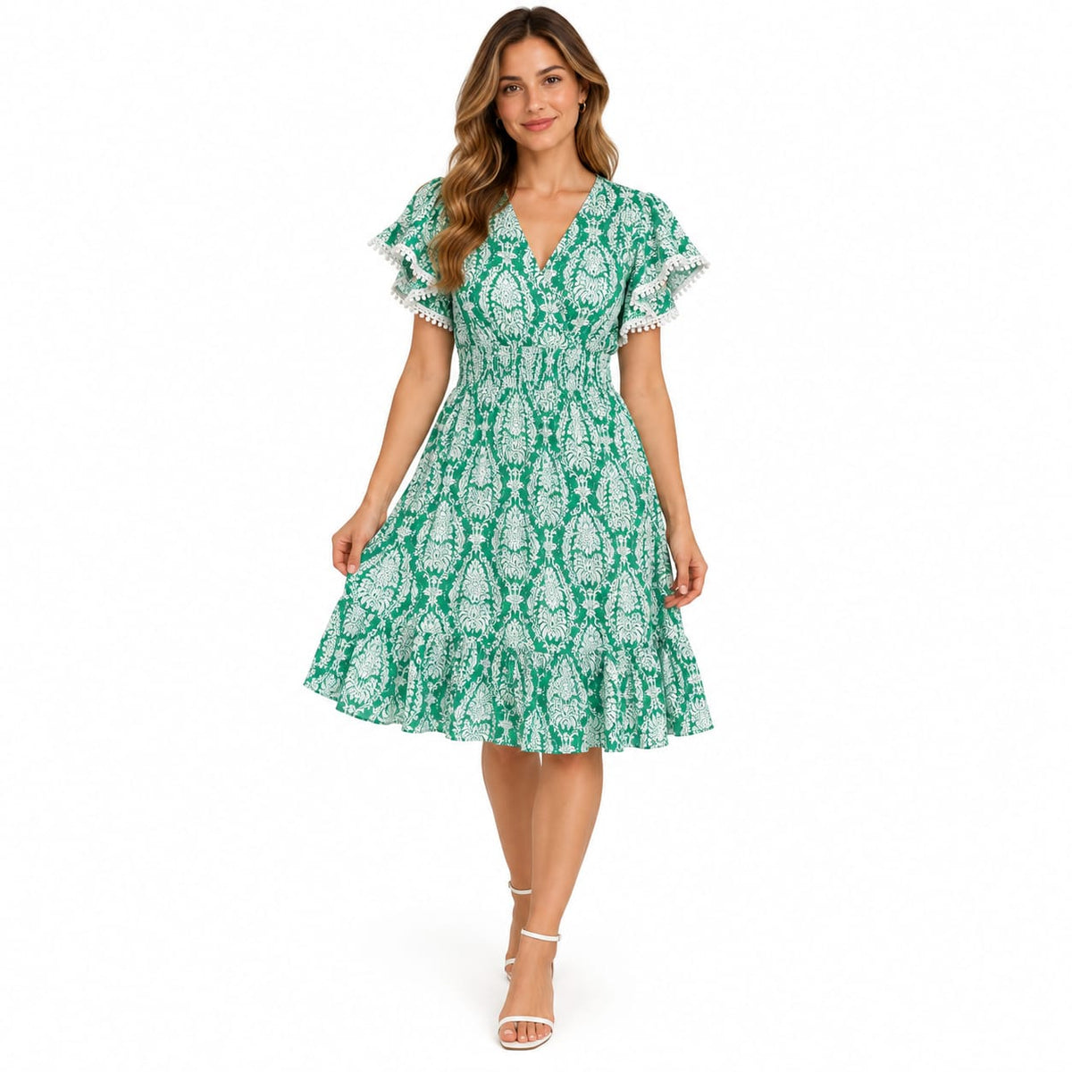 Rochie dama midi verde cu imprimeu alb si decolteu in V, marime XL/XXL