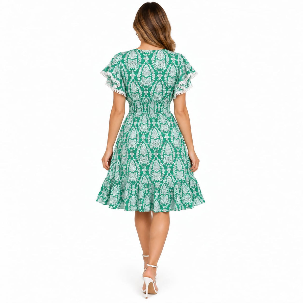 Rochie dama midi verde cu imprimeu alb si decolteu in V, marime XL/XXL