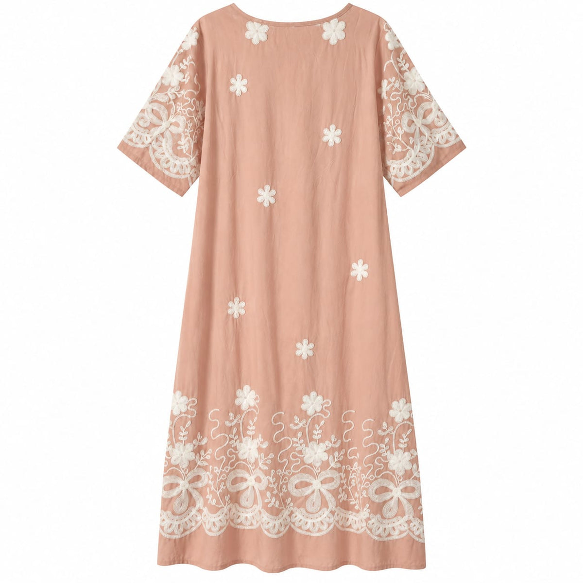 Rochie lunga de vara dama roz pudrat cu broderie florala, marime 3XL/4XL - Lichidare stoc