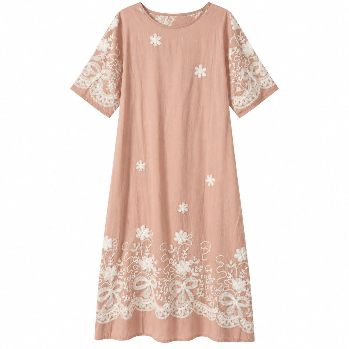 Rochie lunga de vara dama roz pudrat cu broderie florala, marime 3XL/4XL - Lichidare stoc
