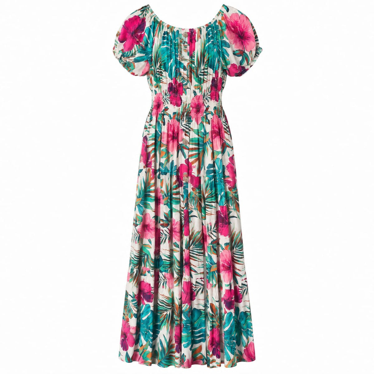 Rochie lunga de vara dama cu imprimeu floral tropical, marime 3XL/4XL - Lichidare stoc