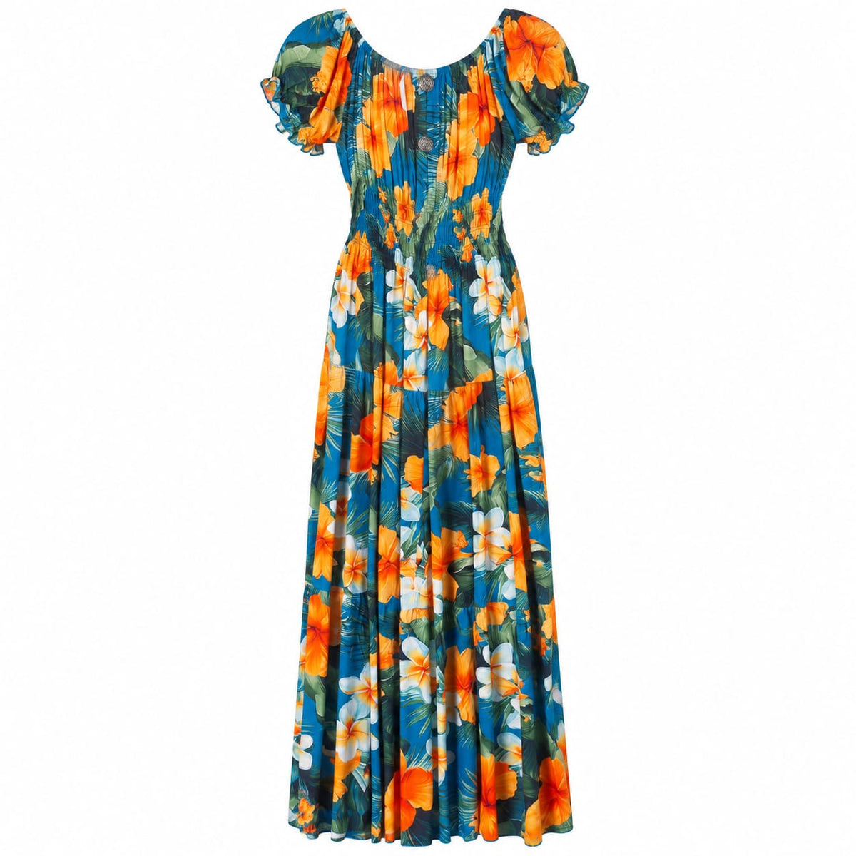Rochie lunga turcoaz cu flori portocalii, 3XL/4XL - Lichidare stoc