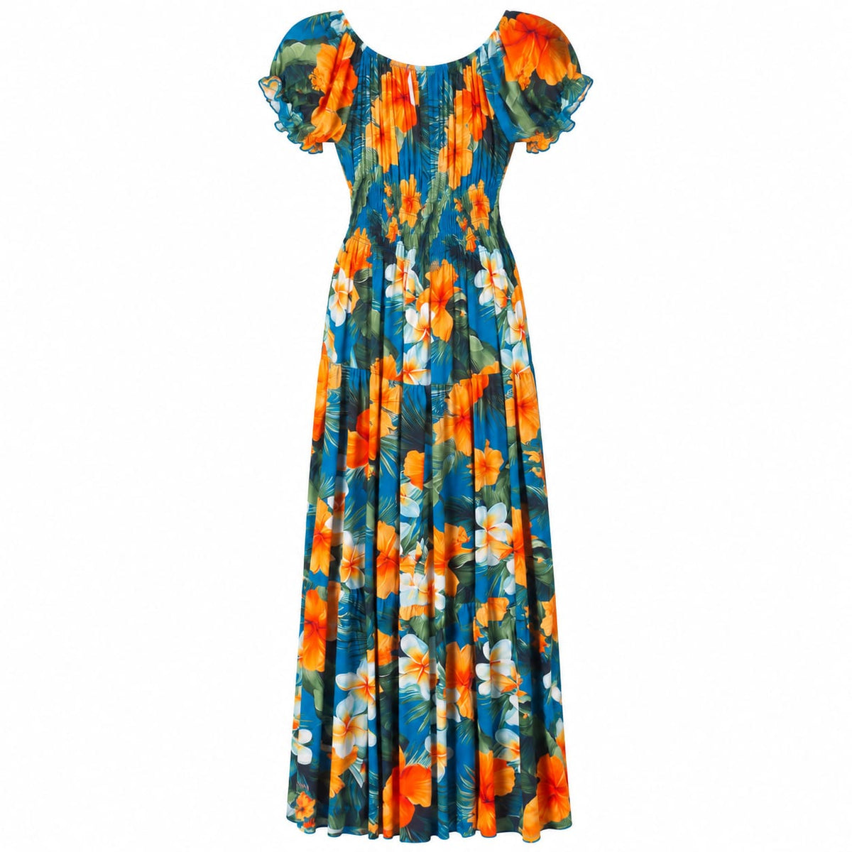 Rochie lunga turcoaz cu flori portocalii, 3XL/4XL - Lichidare stoc