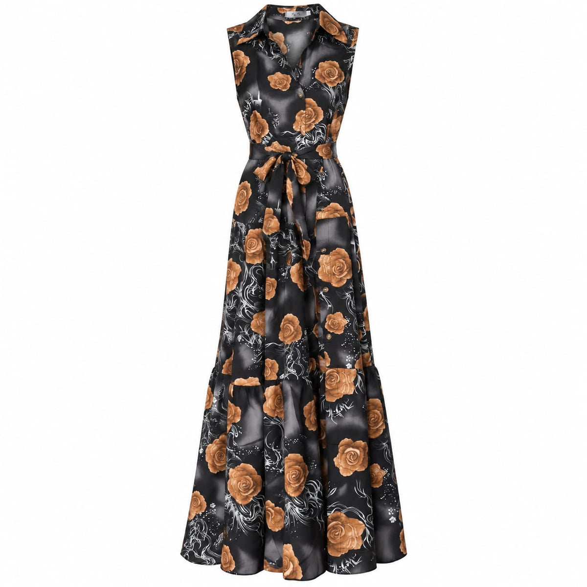 Rochie lunga neagra cu trandafiri maro, L/XL - Lichidare stoc